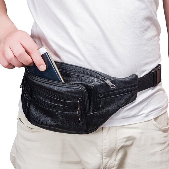 Leather Fanny Pack Travel Waist Bag 7 Pockets Waist Pack.Suitable for Outdoor Mo - Picture 1 of 9
